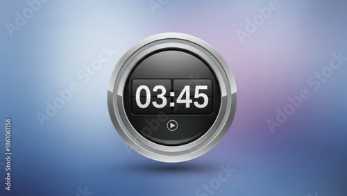 Modern timer icon with play button and 3 minutes 45 seconds countdown on sleek silver and black interface against blue gradient background