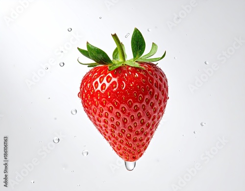 A single, vibrant red strawberry with water droplets