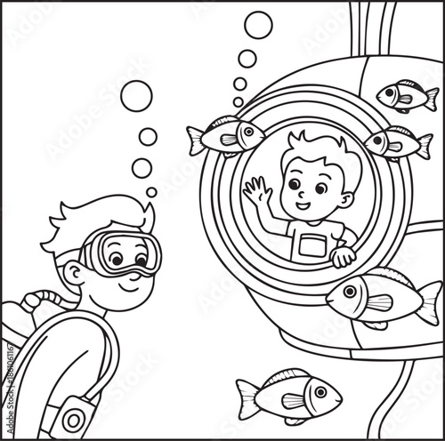 Scuba diving coloring page for kids and adults, A cute diver in underwater ocean beautiful scenery vector line art illustration