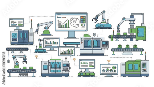 Automated industrial manufacturing process with robotic arms, conveyor belts, and computer monitoring systems.