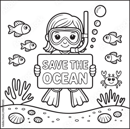 Scuba diving coloring page for kids and adults, A cute diver girl in underwater ocean beautiful scenery vector line art illustration