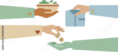 Generous hands giving charity donations of food money and clothes to needy people for Zakat Islamic duty and humanitarian aid support during holy Ramadan season.