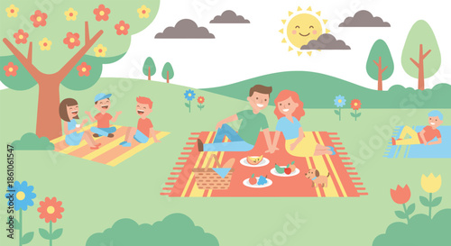 Happy family enjoying summer picnic in green park with parents sitting on blanket eating food and children playing under tree during sunny day for outdoor leisure.