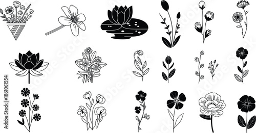 Floral hand drawn doodle vector set, wild flowers, lotus, bouquet, and botanical elements for wedding invitation card design