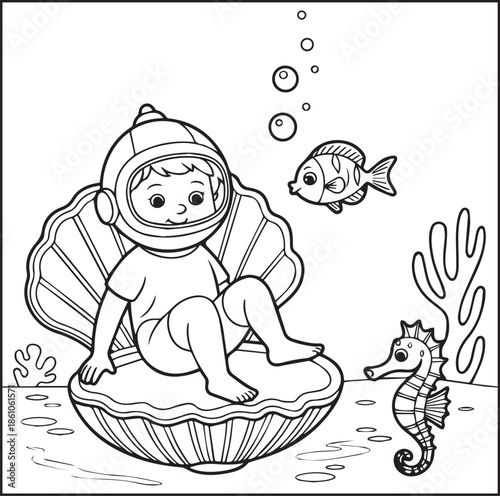 Scuba diving coloring page for kids and adults, A cute diver in underwater ocean beautiful scenery vector line art illustration