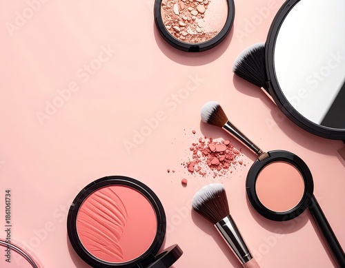 Makeup essentials arranged on a pink surface, top-down view