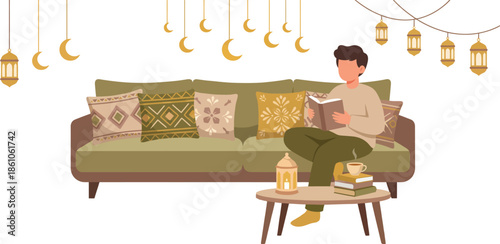 Young Muslim man reading book on sofa at home decorated with hanging crescent moons and lanterns for Ramadan holy month spiritual reflection and peaceful relaxation.