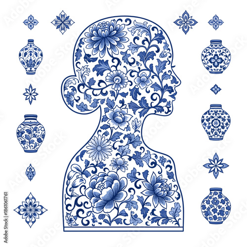 Silhouette of a woman adorned with blue floral patterns and vases on a white background