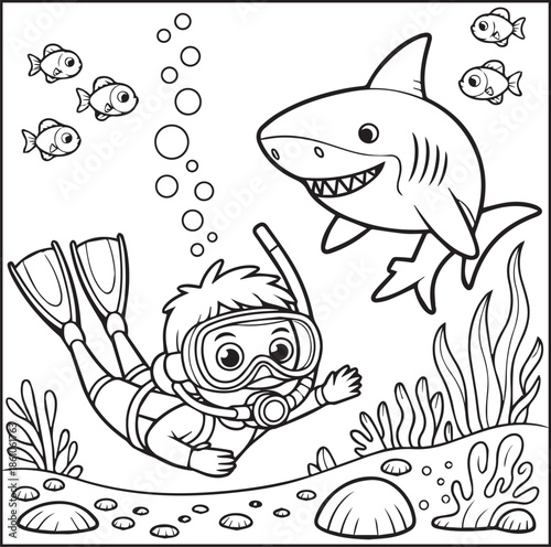 Scuba diving coloring page for kids and adults, A cute diver in underwater ocean beautiful scenery vector line art illustration
