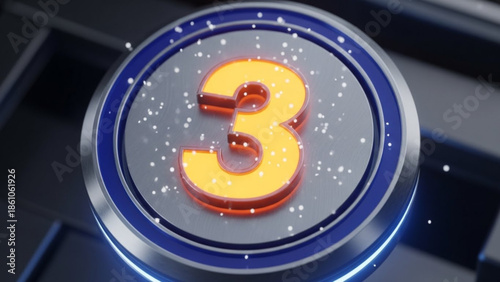 Golden number three on a metallic badge with snowflakes falling on a dark background