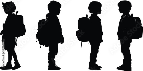 Four silhouetted children standing wear backpacks, back to school kids vector illustration