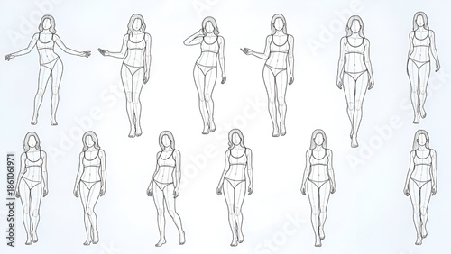 Female Fitness Model Poses Illustration Set on White Background