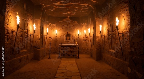 Mysterious ancient underground temple lit by flaming torches.