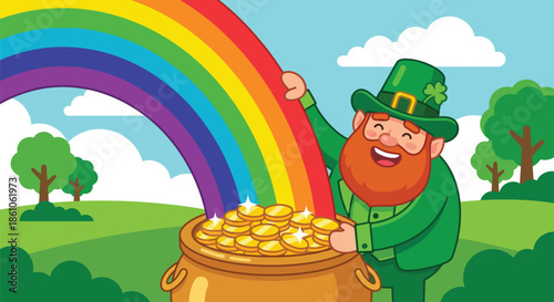 Happy leprechaun character touching rainbow ending in pot of gold coins for St. Patrick's Day celebration with Irish luck symbols and green nature landscape scenery.