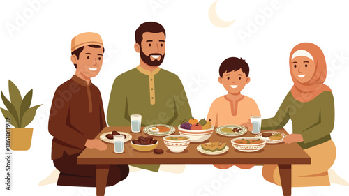 Happy Muslim family gathering around low table eating Iftar meal together during holy month of Ramadan with traditional food dates and fruits while smiling joyfully.