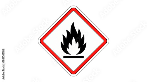 Flammable warning sign in red diamond shape with black flame symbol on white background for safety signage