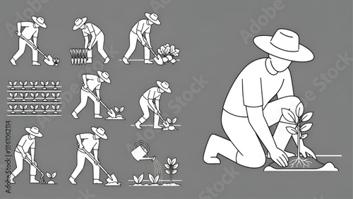 Farmer Planting Seedling Kneeling on Soil Vector Illustration