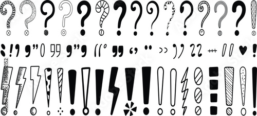 Hand drawn punctuation marks doodle vector set, question marks, exclamation points, and creative symbols for expressive graphic design