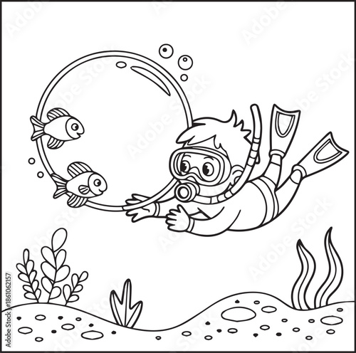 Scuba diving coloring page for kids and adults, A cute diver in underwater ocean beautiful scenery vector line art illustration