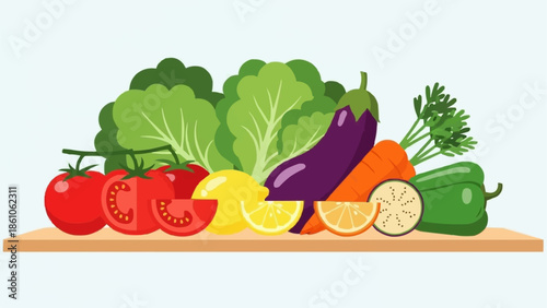 Assortment of Fresh Vegetables and Fruits on a Wooden Board.