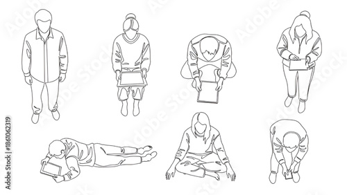 Person in Various Emergency Responder Positions, First Aid, Rescue and Emergency, Medical Care, Isolated on White, Line Art