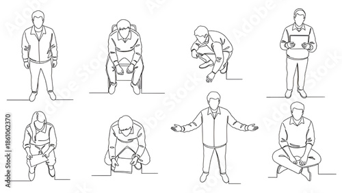 Man in Various Poses and Occupations Line Art Illustration
