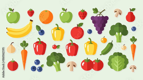 Assortment of fresh fruits and vegetables in a flat design style.