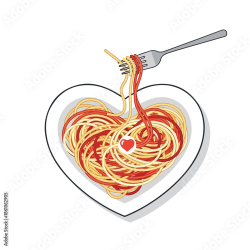 A plate of spaghetti in a heart shape with a fork picking up strands, presented on a white background with a black outline. Perfect for food blogs, restaurant menus, and culinary