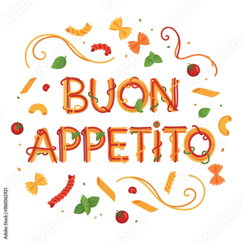 A colorful digital illustration of 'Buon Appetito' surrounded by various Italian food items like spaghetti, vegetables, and pasta. Perfect for restaurant promotions, food blogs, and Italian