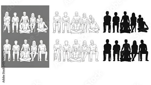Diverse Group of People Silhouettes in Various Poses and Colors