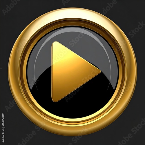 Circular icon Golden play button within a glossy black and gold-rimmed circle