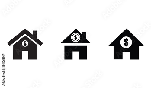 Real estate house money icon set, property finance dollar symbol, mortgage loan investment vector, home price banking silhouette, housing business concept, simple flat black illustration, isolated.