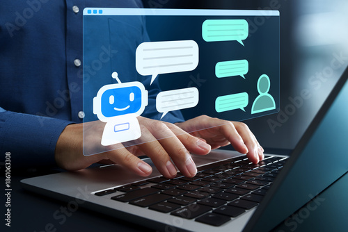AI chat assistant. AI-powered customer support. Business process automation with conversational AI. Businessperson using laptop computer with conversational virtual assistant.