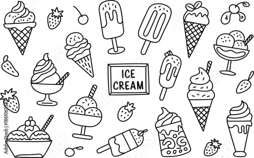 Ice cream hand drawn doodle vector set, frozen yogurt cones, popsicles, sundaes, and summer treats for cafe menu