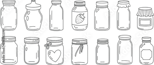 Glass jars hand drawn doodle vector set, mason jar, honey pot, jam bottle, and containers for kitchen storage