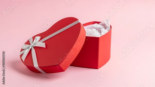 Beautiful red heart shaped gift box with white ribbon