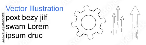 Business growth, technical processes, workflow optimization, industrial development, automation, productivity. Minimalistic gear icon with upward arrows. Growth and process optimization concept