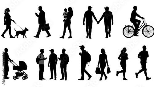 People Walking Silhouettes Isolated on White Background