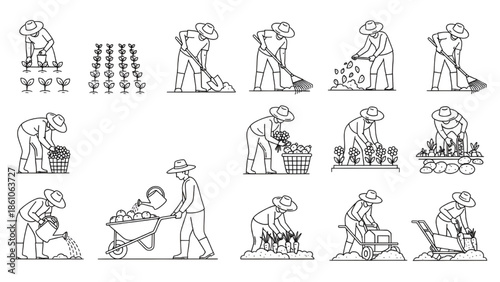 Farmer Working in Field with Crops Illustration Set