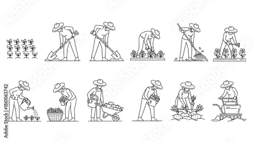Farmer Gardening Activities Line Art Illustrations