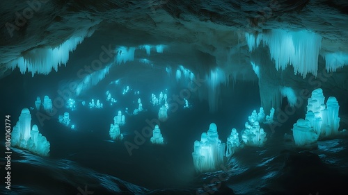 Bioluminescent Underground Cavern with Glowing Turquoise Fungi, Ethereal Blue Stalactites, and Misty Deep Cave Sanctuary Interior Concept Art