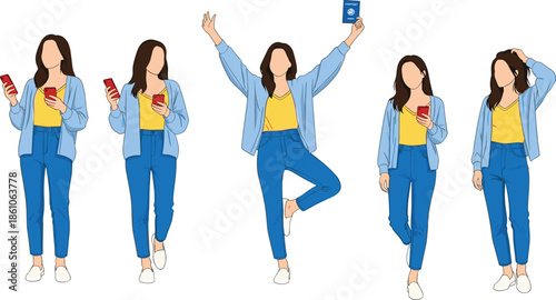 Young woman holding smartphone and passport in multiple poses, modern female traveler illustration set isolated on white background
