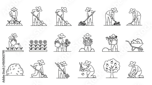 Farmer Working in Field with Various Agricultural Activities Line Art Style