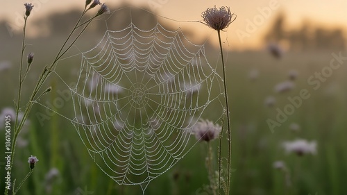 Intricate Dew-Covered Spider Web Glistening in a Morning Meadow with Soft-Focus Wildflowers and Warm Golden Sunrise Backlight Macro Photography