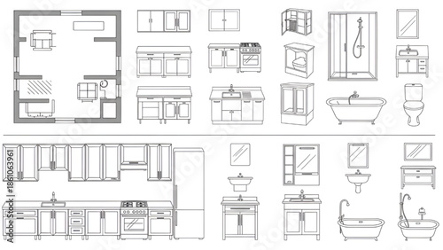 Modern Bathroom and Kitchen Floor Plan Blueprint Isolated on White