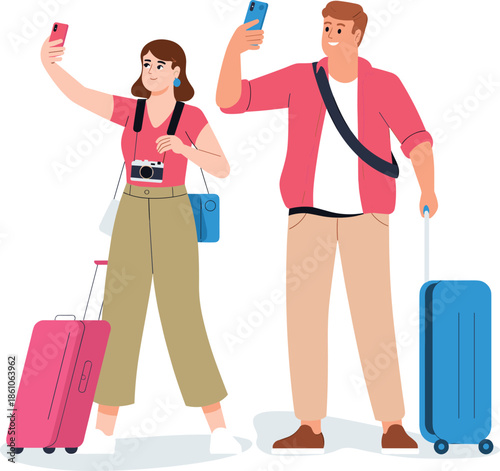 Traveling couple taking selfies with smartphones, modern tourists with luggage and cameras enjoying vacation journey isolated on white illustration