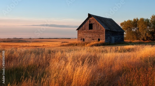 Rustic barn standing in a vast rural field with warm amber light