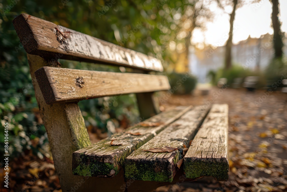 Naklejka premium Rustic vintage bench along a leaf-strewn path in a tranquil park