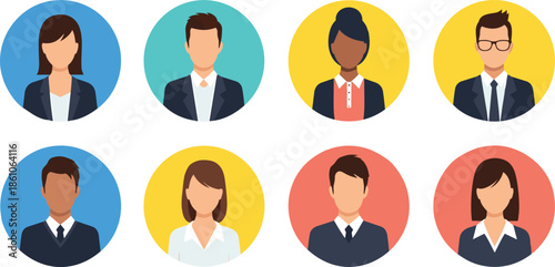 Collection of Diverse Professional Business Avatar Icons - Flat Vector Illustration of Men and Women in Suits for Corporate Profiles, Team Management, and User Interface Design