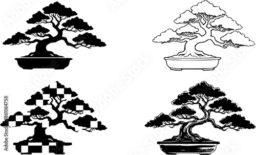 Diverse bonsai tree styles: silhouette, sketch, pixel, and ink variations
